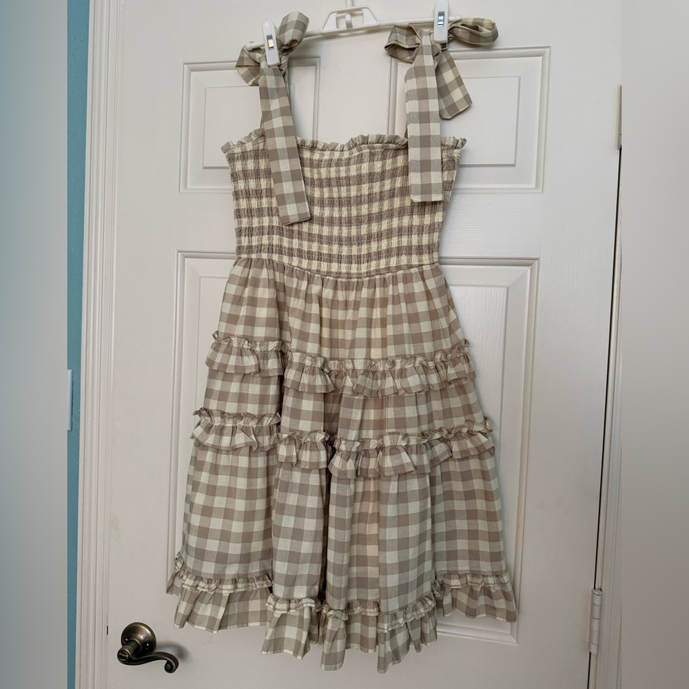 women’s tan+beige checked bow strap ruffle tiered dress - storia!!